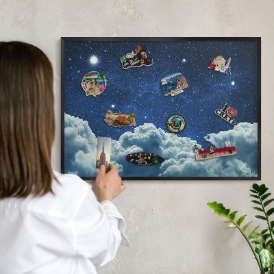 Metal wall board for magnets in a black frame Cosmic night