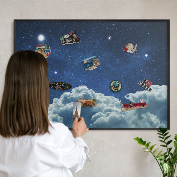 Metal wall board for magnets in a black frame Cosmic night