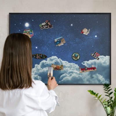 Metal wall board for magnets in a black frame Cosmic night