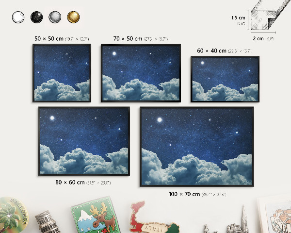 Metal wall board for magnets in a black frame Cosmic night