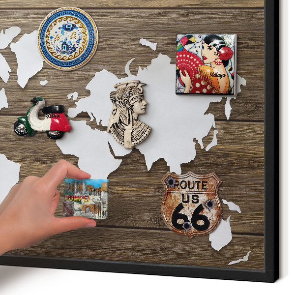 Metal wall board for magnets in a black frame Wooden map