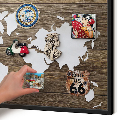 Metal wall board for magnets in a black frame Wooden map