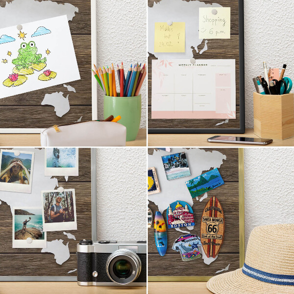 Metal wall board for magnets in a black frame Wooden map
