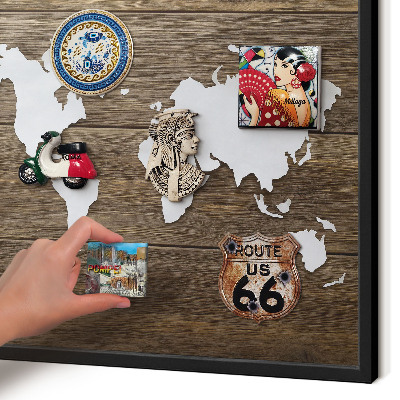 Metal wall board for magnets in a black frame Wooden map