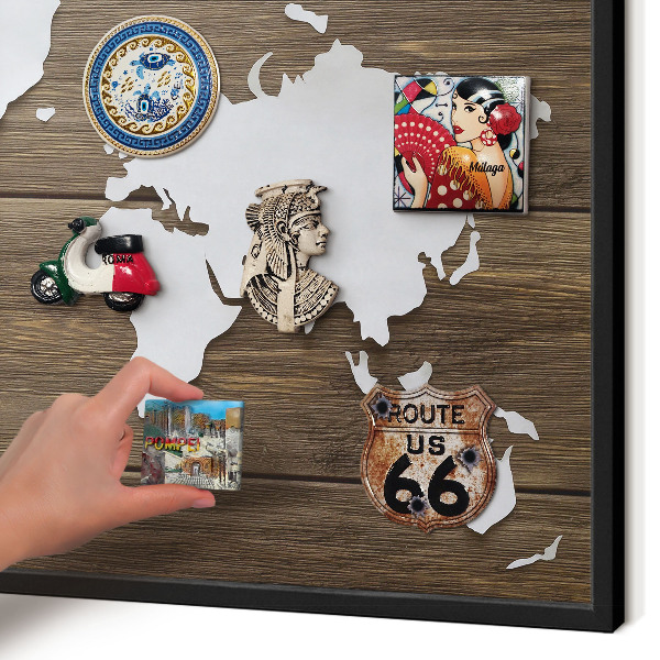 Metal wall board for magnets in a black frame Wooden map