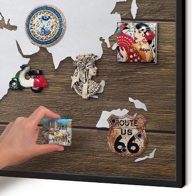 Metal wall board for magnets in a black frame Wooden map
