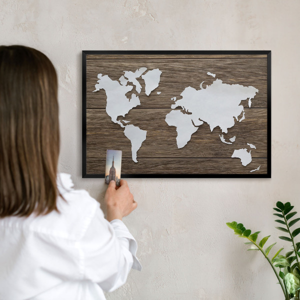 Metal wall board for magnets in a black frame Wooden map