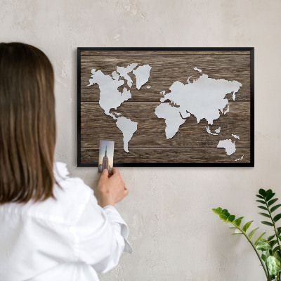 Metal wall board for magnets in a black frame Wooden map