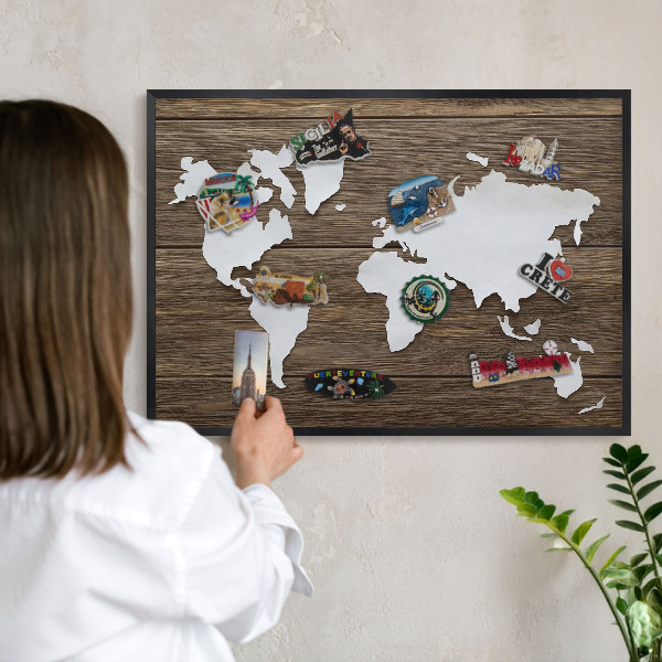 Metal wall board for magnets in a black frame Wooden map