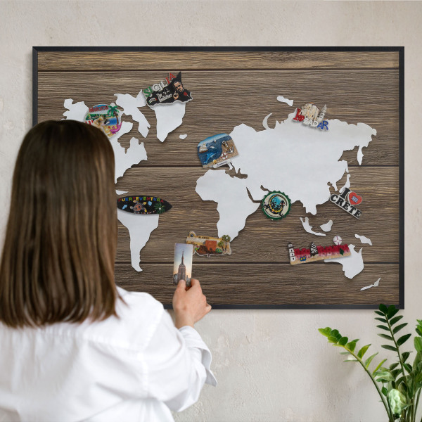 Metal wall board for magnets in a black frame Wooden map