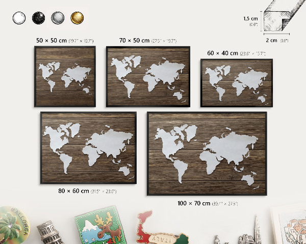 Metal wall board for magnets in a black frame Wooden map
