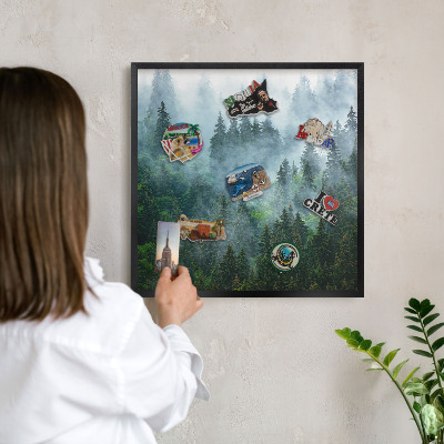 Metal wall board for magnets in a black frame Mysterious forest