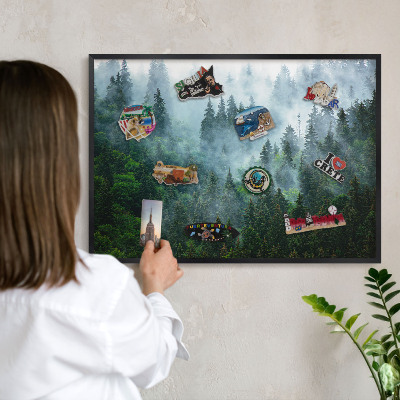 Metal wall board for magnets in a black frame Mysterious forest