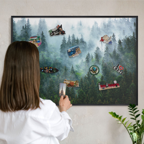 Metal wall board for magnets in a black frame Mysterious forest