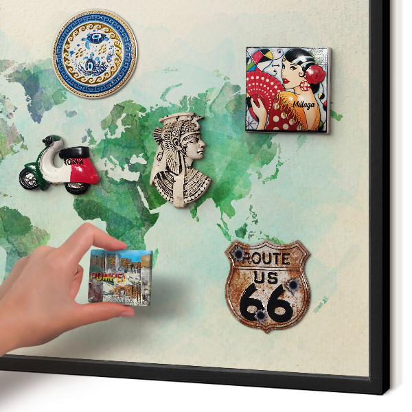 Vacation magnet board with a black frame World map