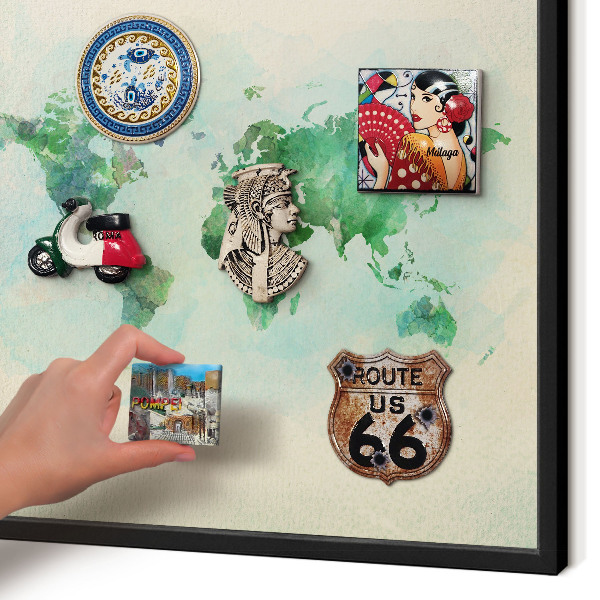Vacation magnet board with a black frame World map