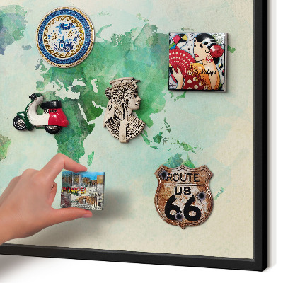Vacation magnet board with a black frame World map