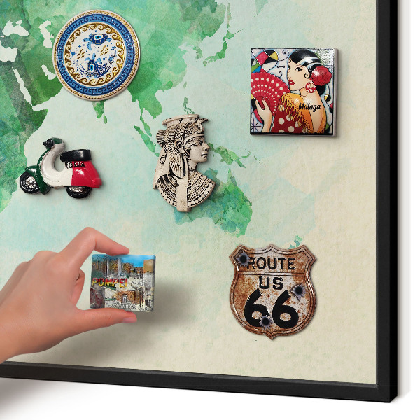 Vacation magnet board with a black frame World map