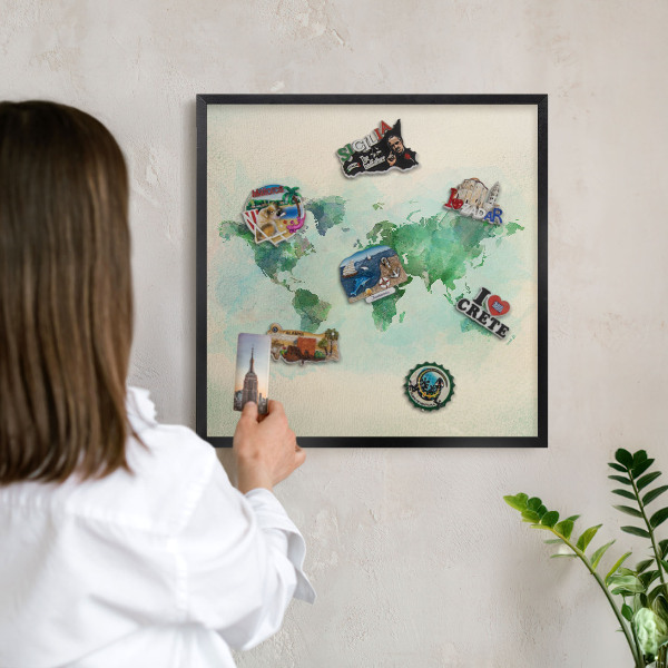 Vacation magnet board with a black frame World map