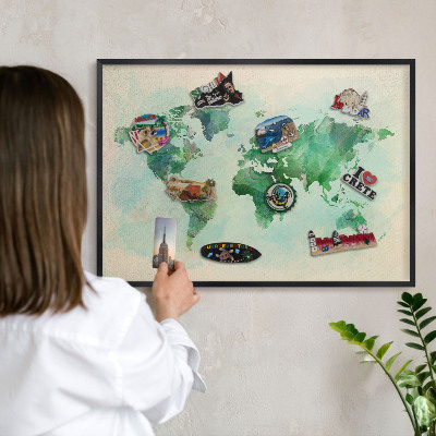 Vacation magnet board with a black frame World map