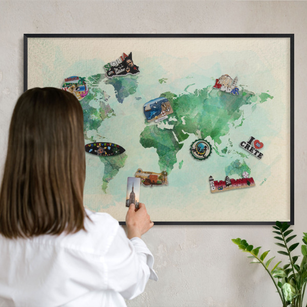 Vacation magnet board with a black frame World map