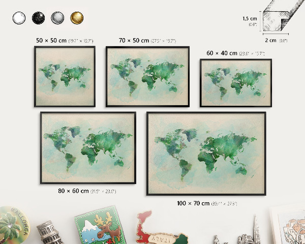 Vacation magnet board with a black frame World map