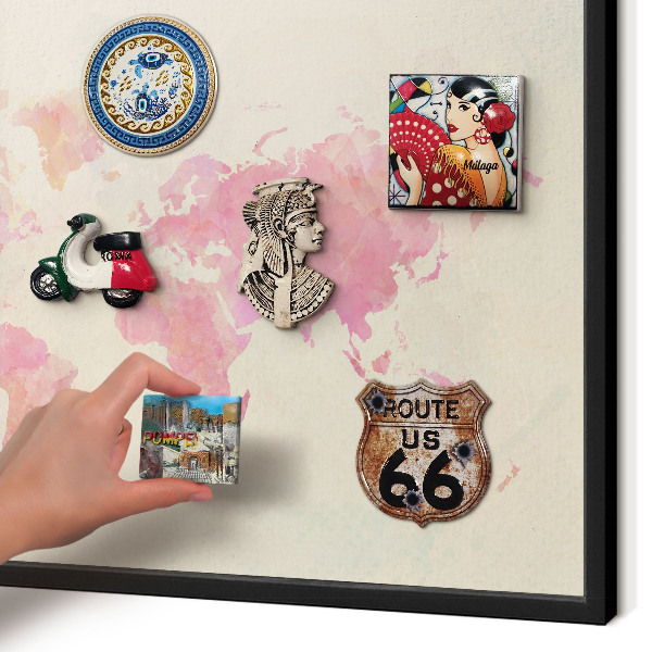 Metal wall board for magnets in a black frame World map