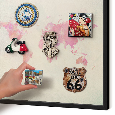 Metal wall board for magnets in a black frame World map