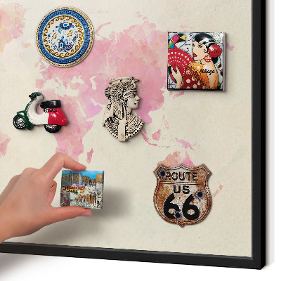 Metal wall board for magnets in a black frame World map