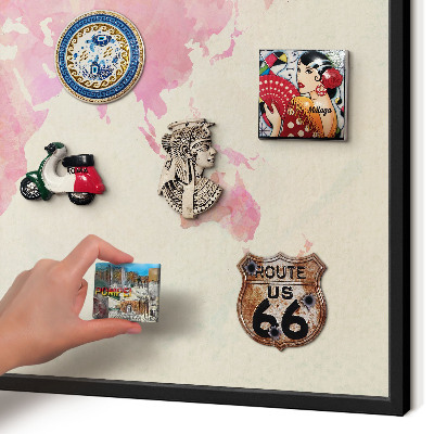Metal wall board for magnets in a black frame World map