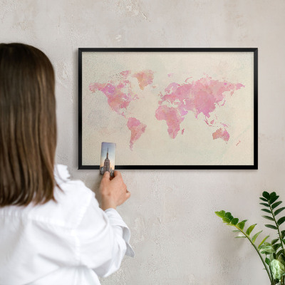 Metal wall board for magnets in a black frame World map