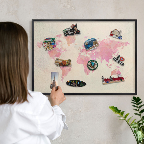 Metal wall board for magnets in a black frame World map
