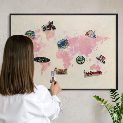 Metal wall board for magnets in a black frame World map