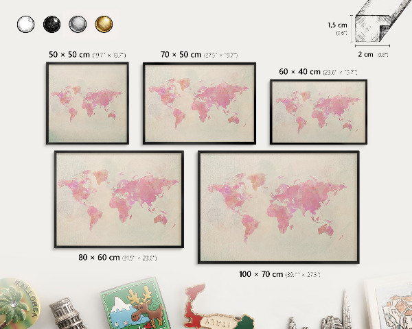 Metal wall board for magnets in a black frame World map