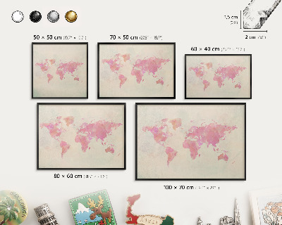 Metal wall board for magnets in a black frame World map