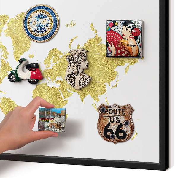 Vacation magnet board with a black frame World map