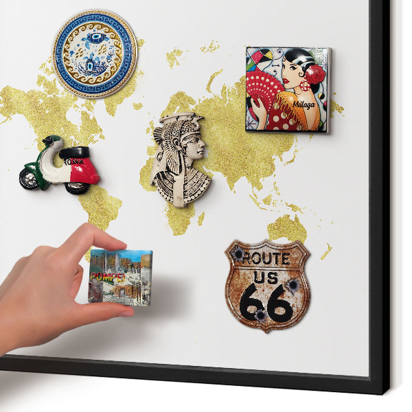 Vacation magnet board with a black frame World map