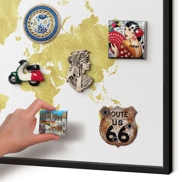 Vacation magnet board with a black frame World map