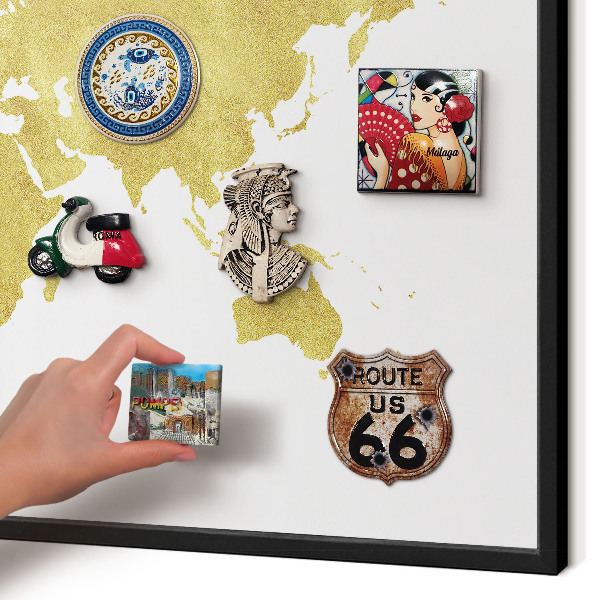 Vacation magnet board with a black frame World map