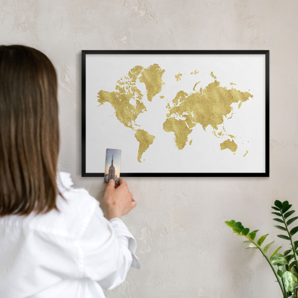 Vacation magnet board with a black frame World map