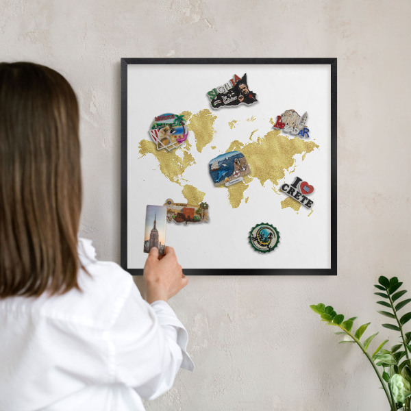 Vacation magnet board with a black frame World map