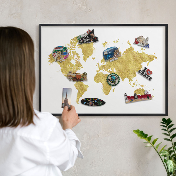 Vacation magnet board with a black frame World map