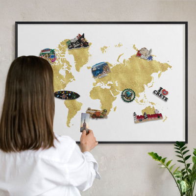 Vacation magnet board with a black frame World map