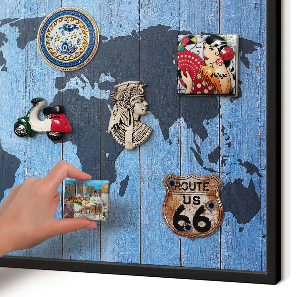 Metal wall board for magnets in a black frame World map