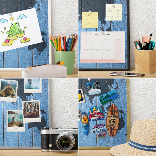 Metal wall board for magnets in a black frame World map