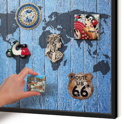 Metal wall board for magnets in a black frame World map