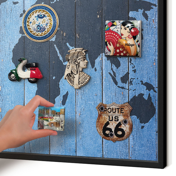 Metal wall board for magnets in a black frame World map