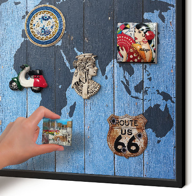 Metal wall board for magnets in a black frame World map