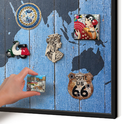 Metal wall board for magnets in a black frame World map