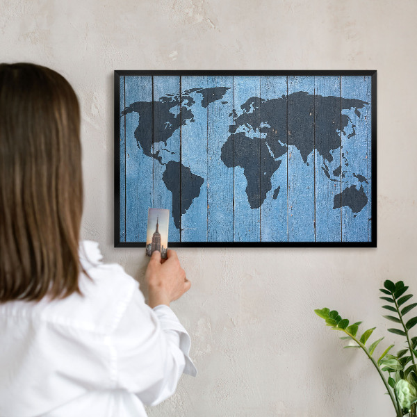 Metal wall board for magnets in a black frame World map